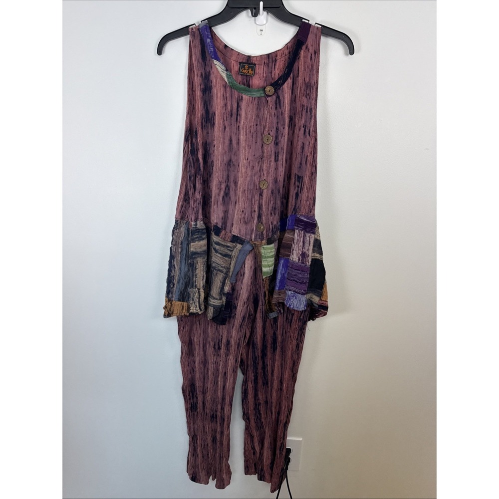 VTG Gaelli Kusnadi Crinkled Gauze Batik Patchwork Baggy Lagenlook Jumpsuit Sz M